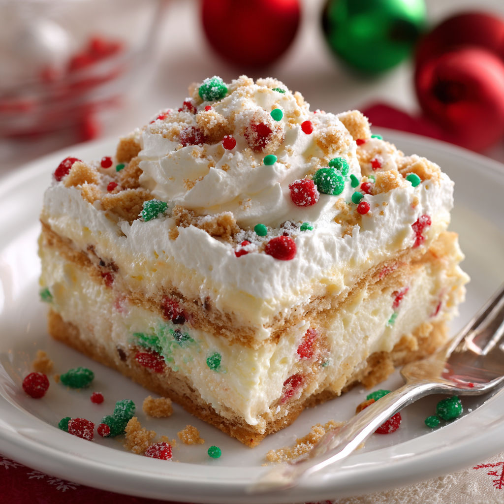 A slice of cake with white frosting and red and green sprinkles.