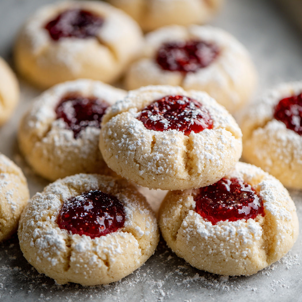 A plate of cookies with jelly in the middle.