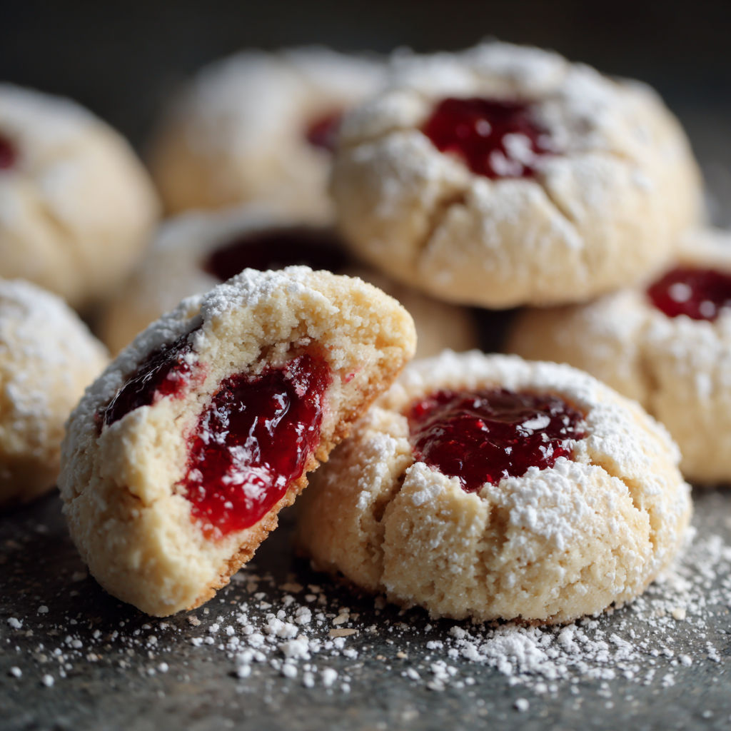 A close up of a cookie with jelly in the center.