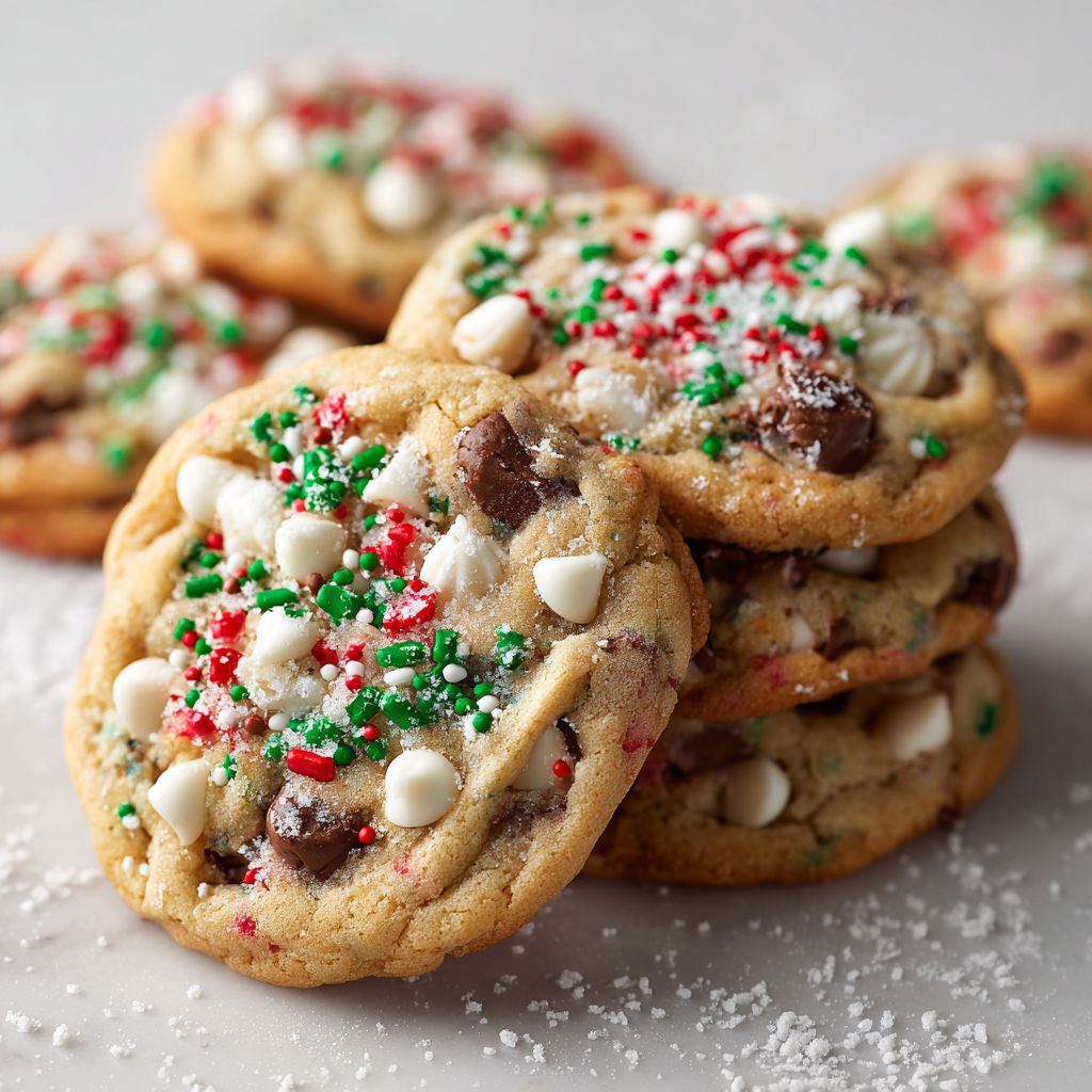 A stack of chocolate chip cookies with white and red sprinkles.