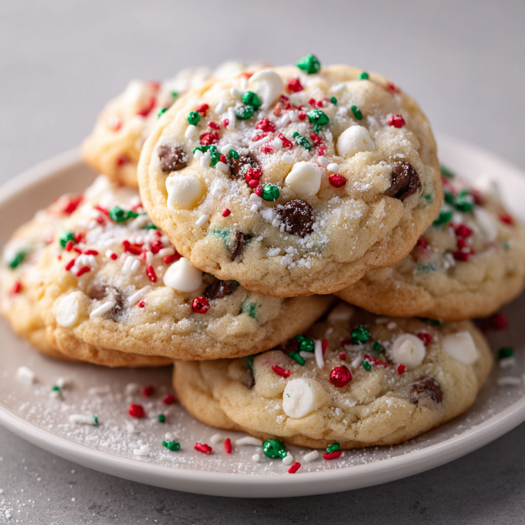 A plate of cookies with white and red sprinkles.