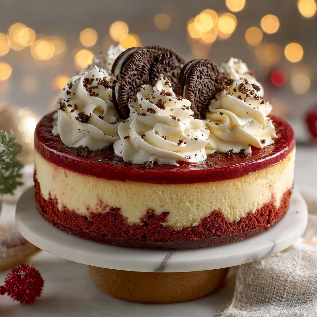 A slice of red velvet cheesecake with white frosting and chocolate chips.