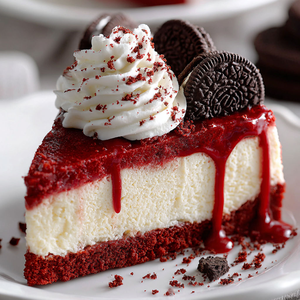 A slice of red velvet cheesecake with white whipped cream and chocolate chips.