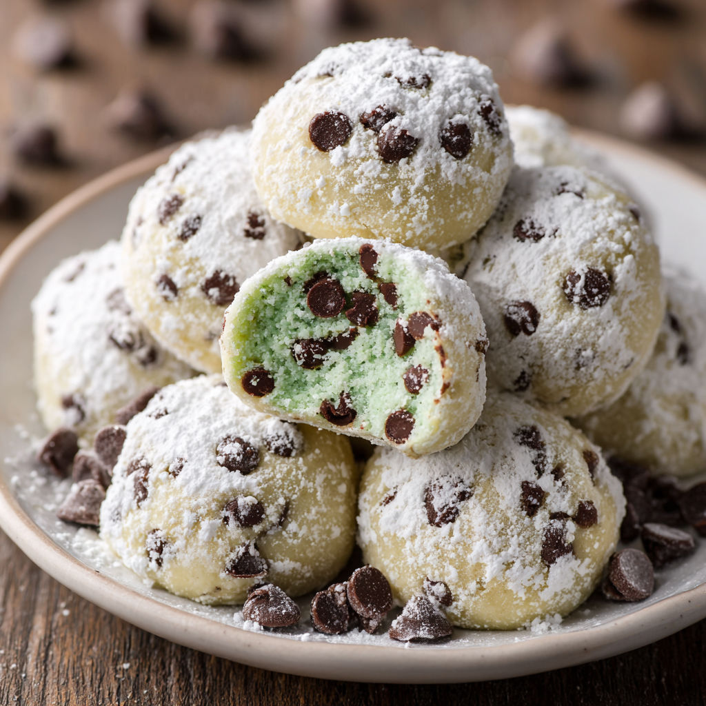A plate of mini chocolate chip snowball cookies.