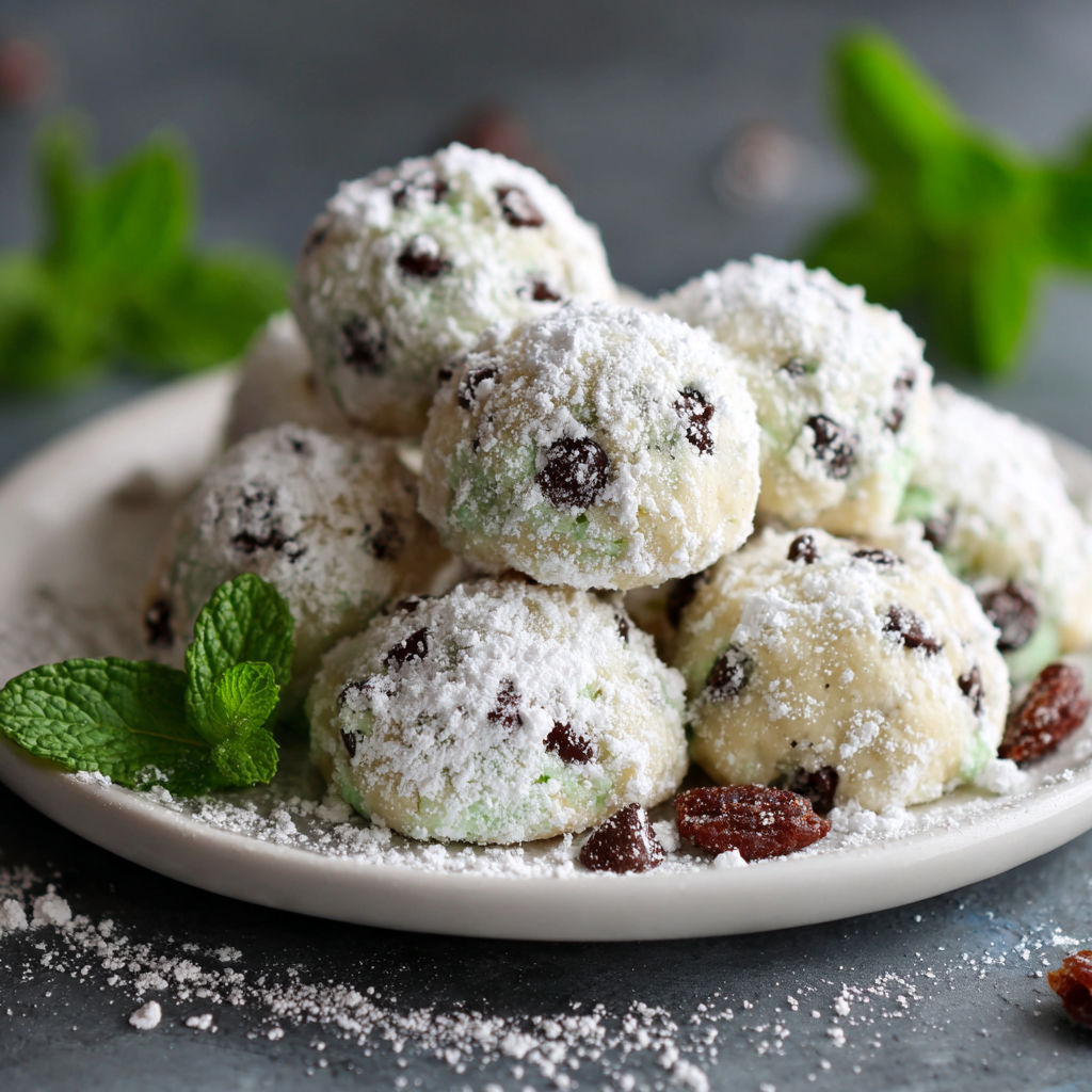 A plate of mini chip snowball cookies.