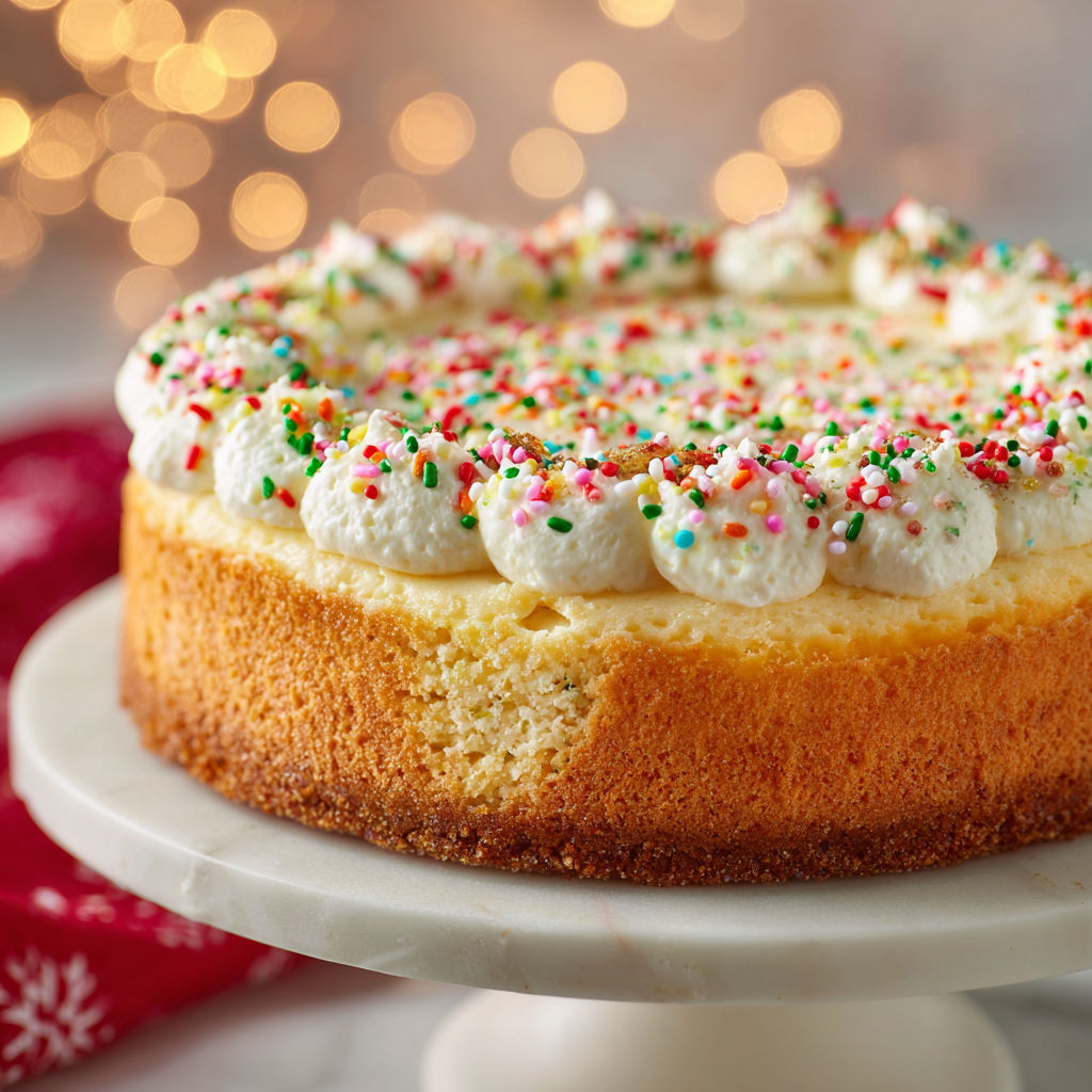 A cake with white frosting and sprinkles.