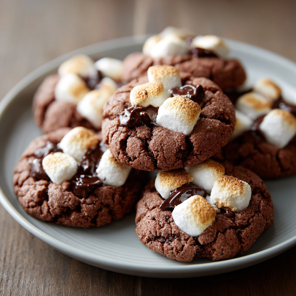 A plate of chocolate marshmallow cookies.