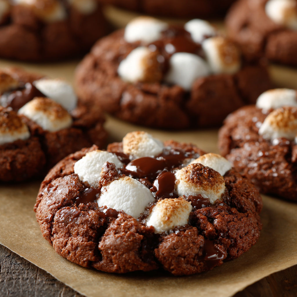 A chocolate chip cookie with marshmallows on top.
