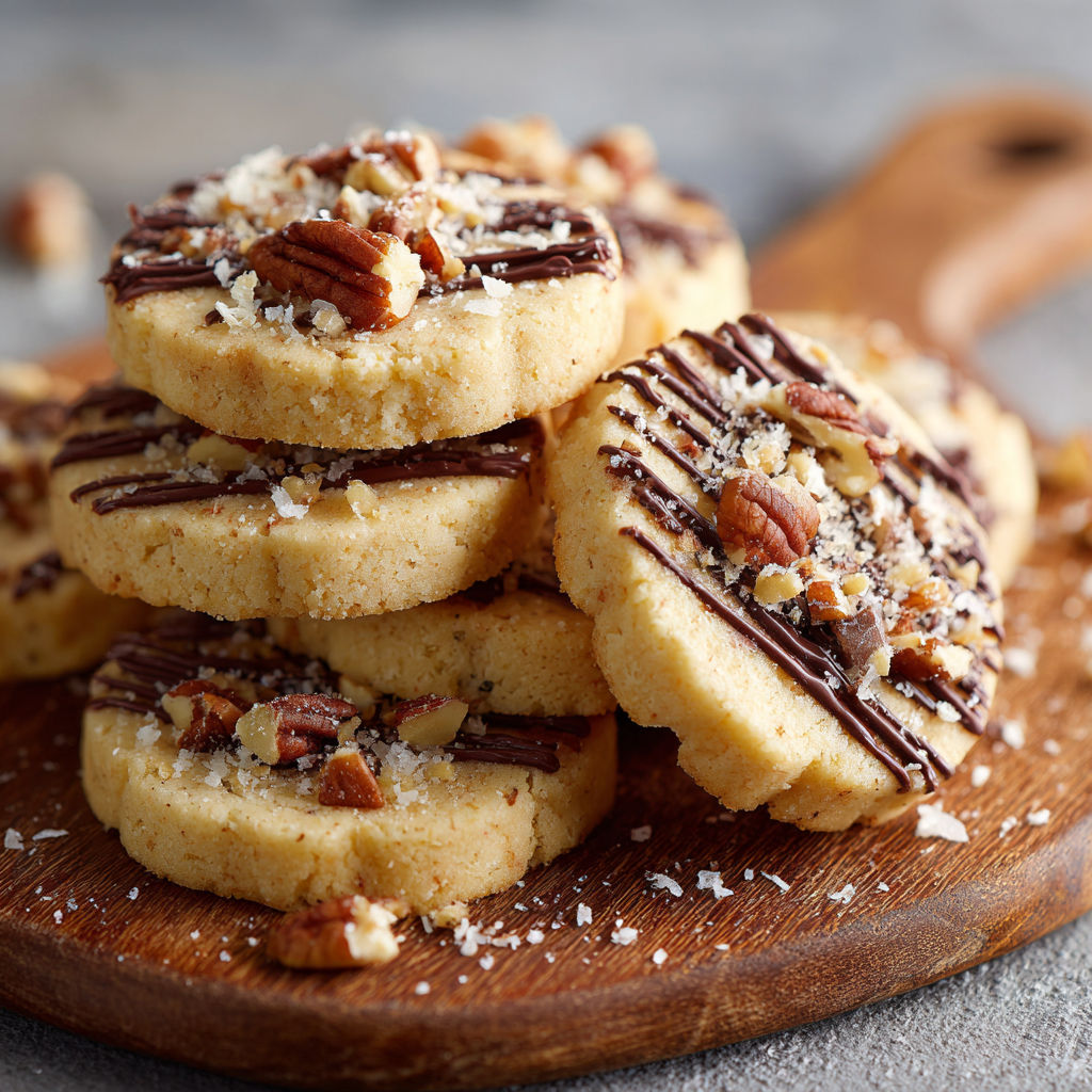 A stack of chocolate dipped pecan shortbread cookies.