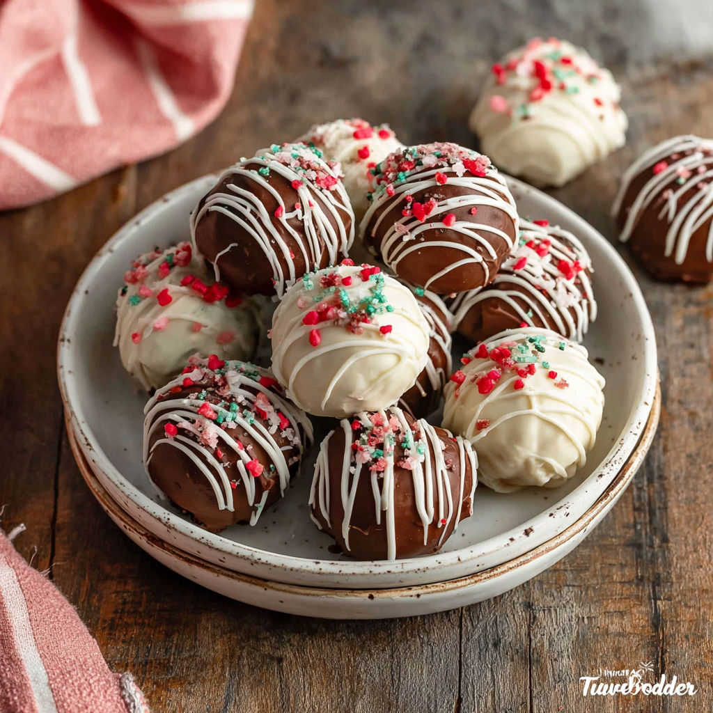 A plate of Christmas Oreo balls.
