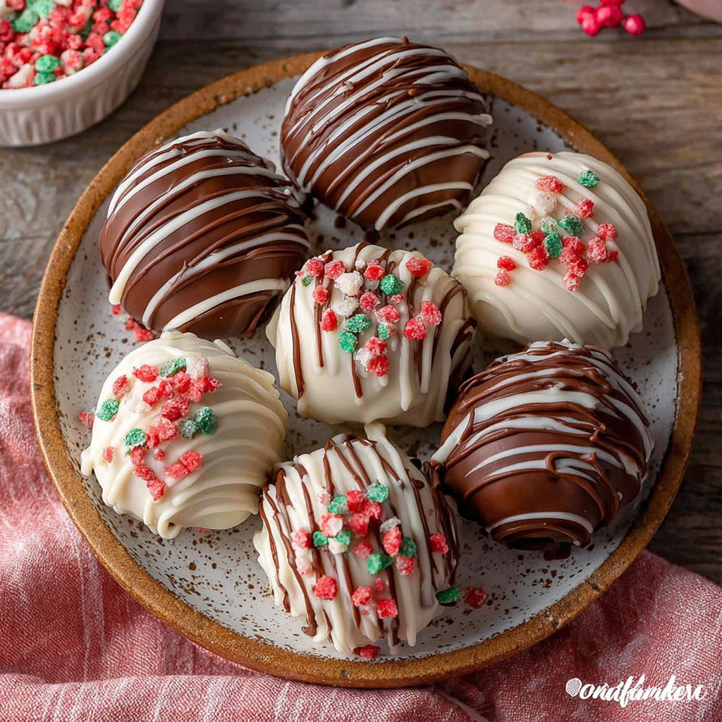 A plate of Christmas Oreo balls.