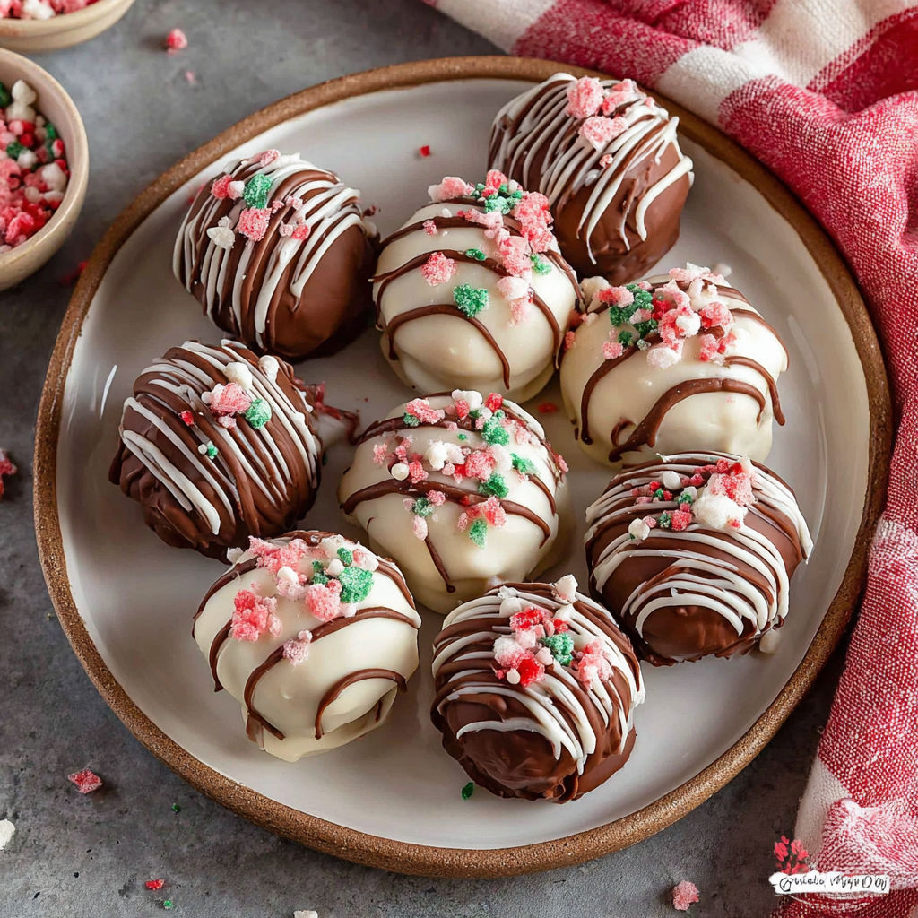 A plate of Christmas Oreo balls.