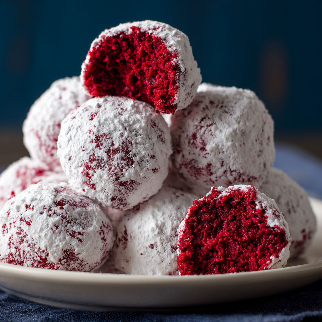 A plate of red velvet snowballs.