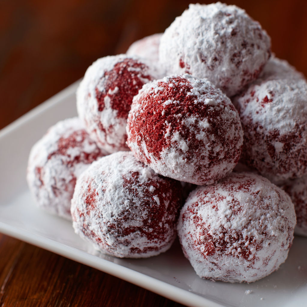 A plate of red velvet snowballs.