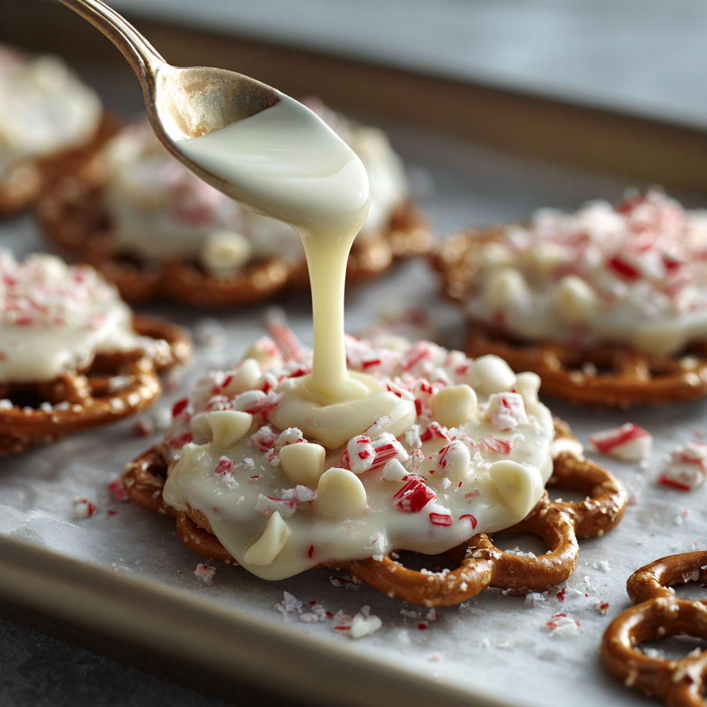 A spoon is drizzling white chocolate over peppermint pretzels.