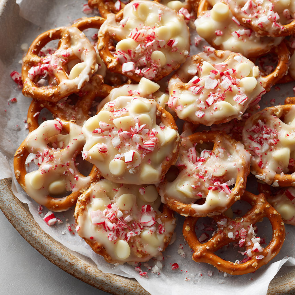 A plate of chocolate covered pretzels with red and white sprinkles.