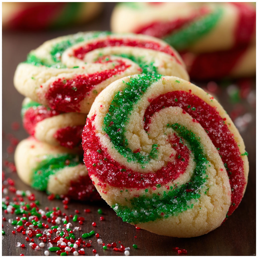 A stack of Christmas pinwheel cookies.