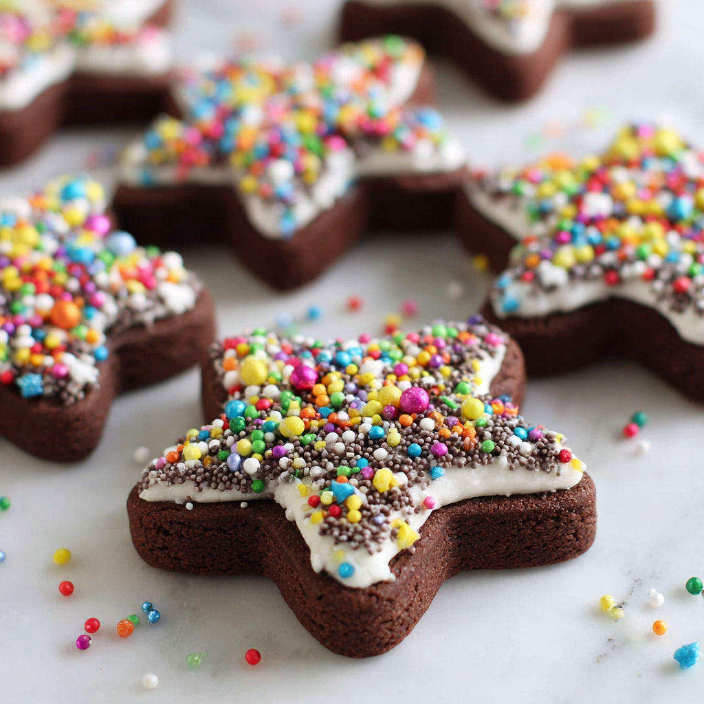 A close up of a chocolate cookie with sprinkles.