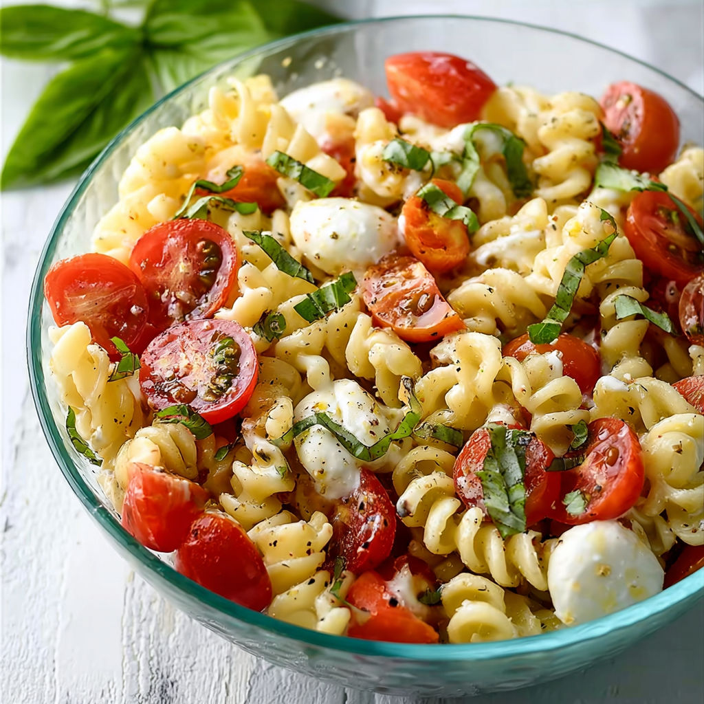 A bowl of pasta with tomatoes and cheese.