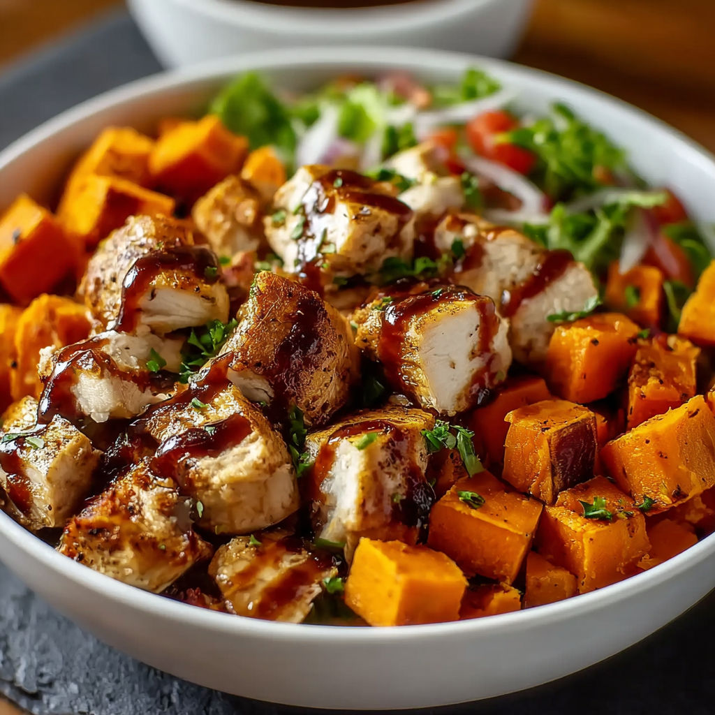 A bowl of BBQ chicken and sweet potatoes.