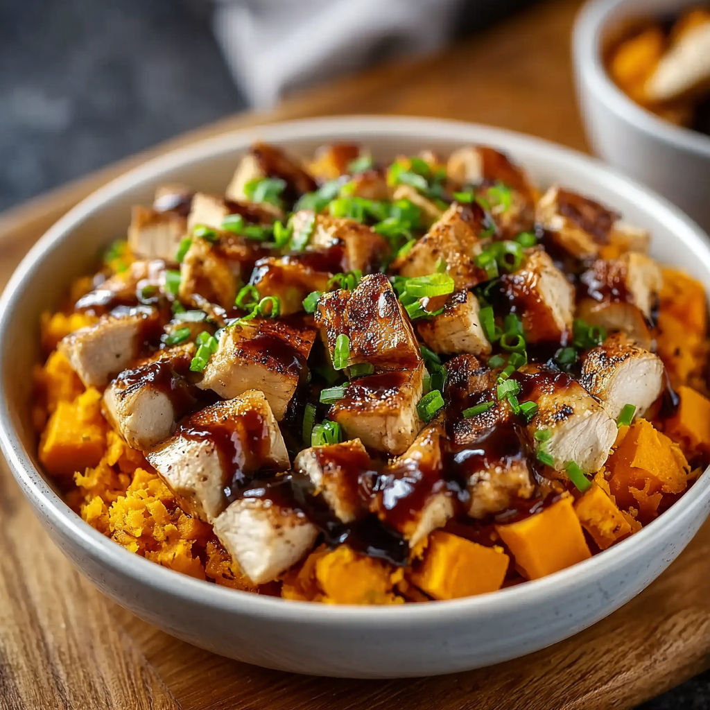 A bowl of BBQ chicken and sweet potatoes.