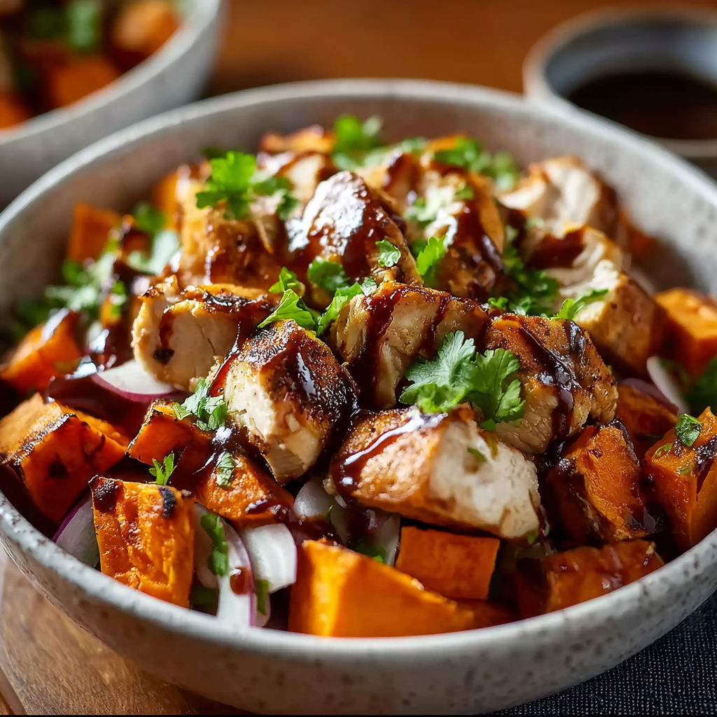 A bowl of BBQ chicken and sweet potatoes.