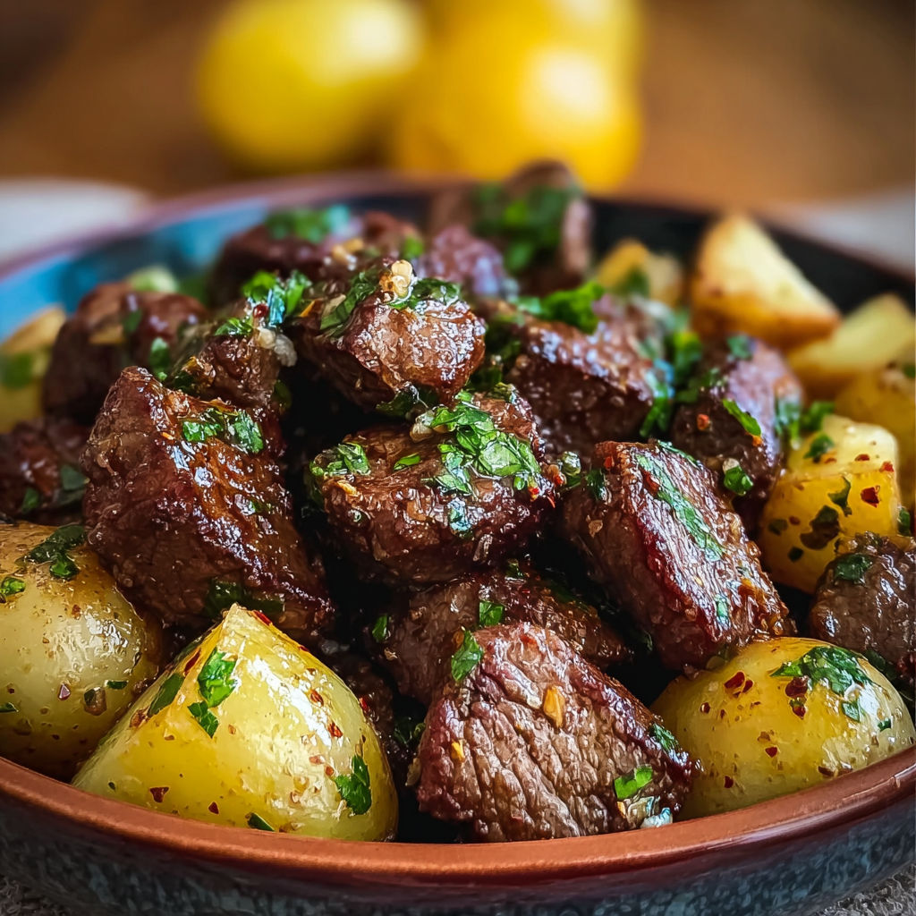 A bowl of beef and potatoes with garlic butter.