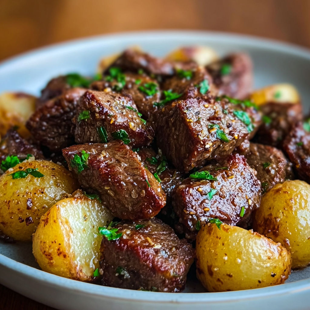 A plate of beef and potatoes.