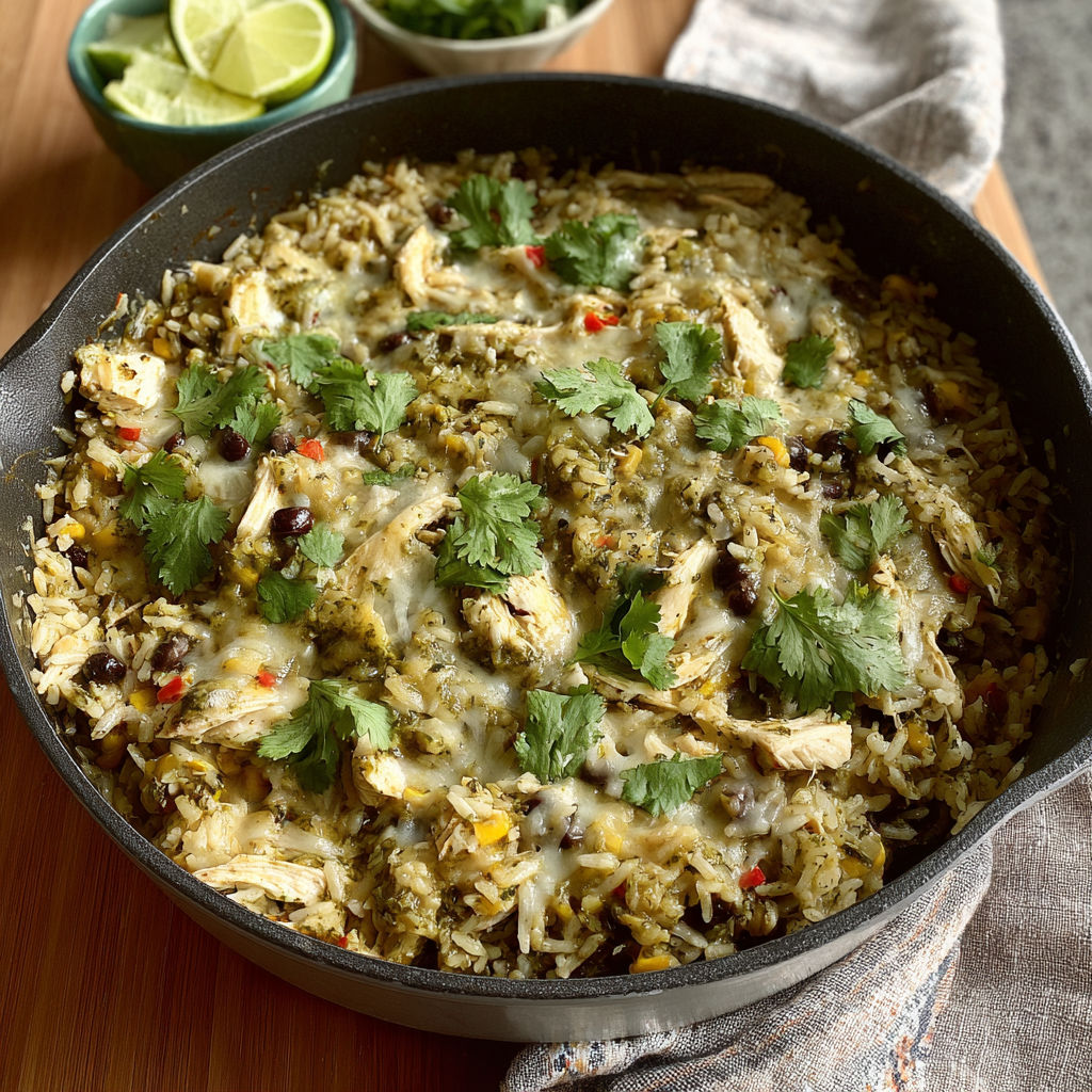 A skillet filled with rice, chicken, and peppers.