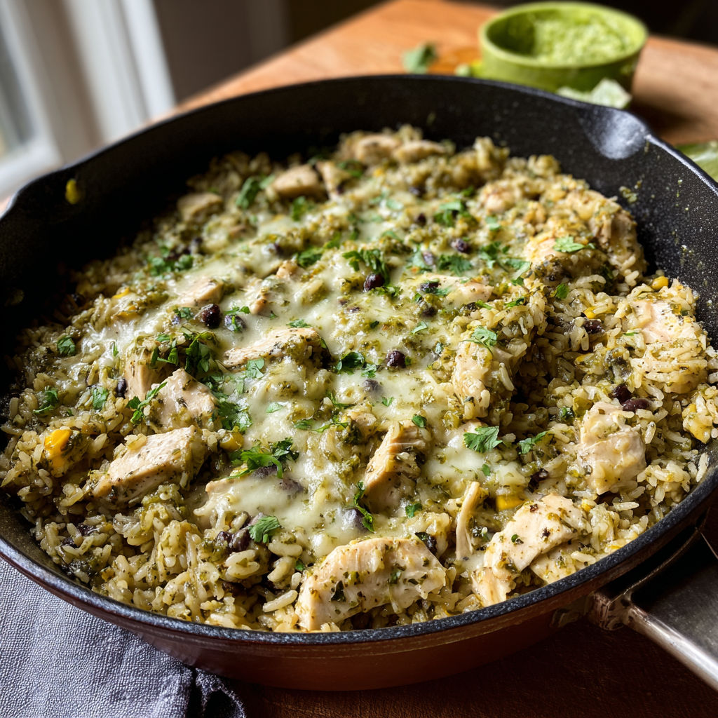 A pan of rice with chicken and vegetables.