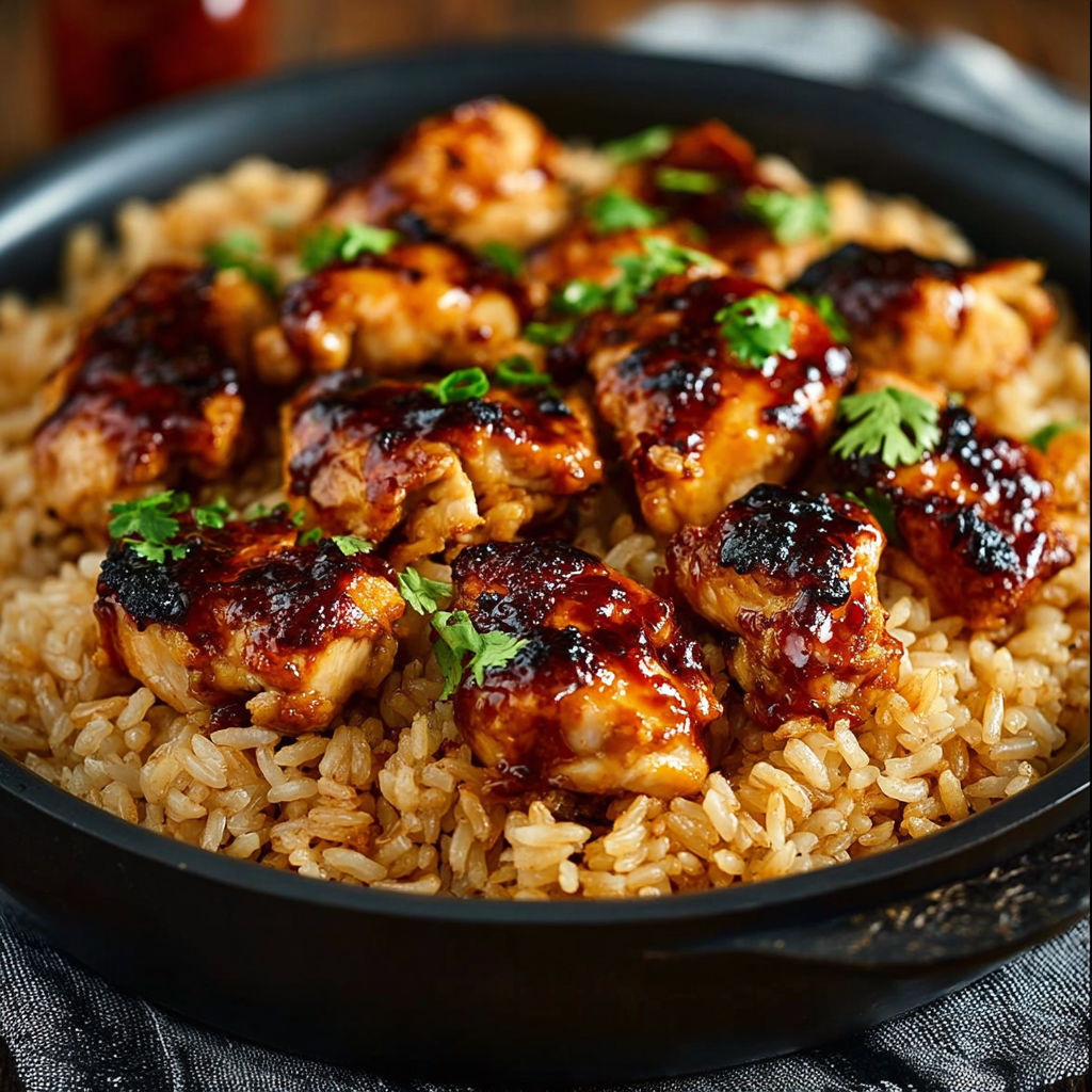 A plate of rice with chicken and sauce.