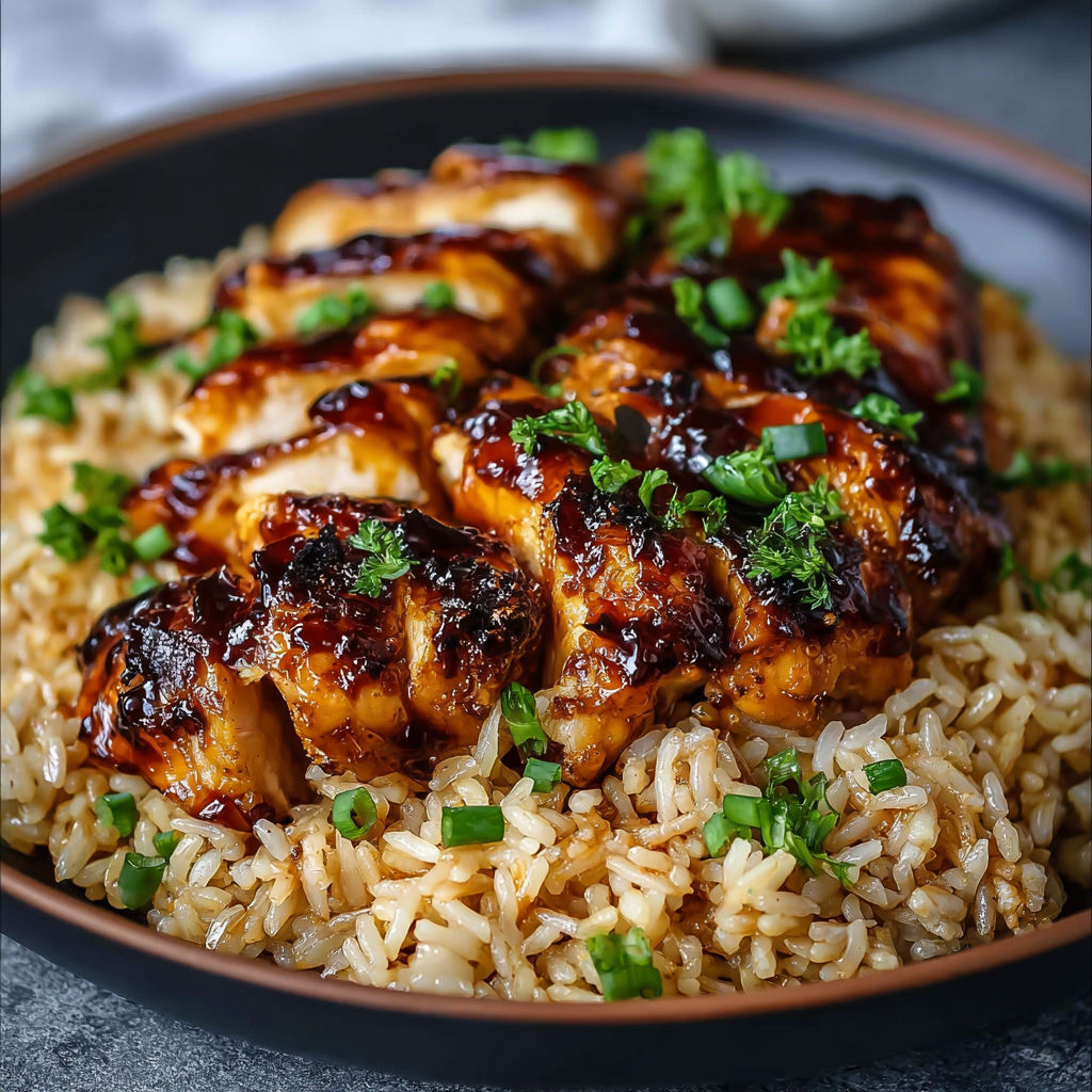 A plate of rice with chicken and sauce.