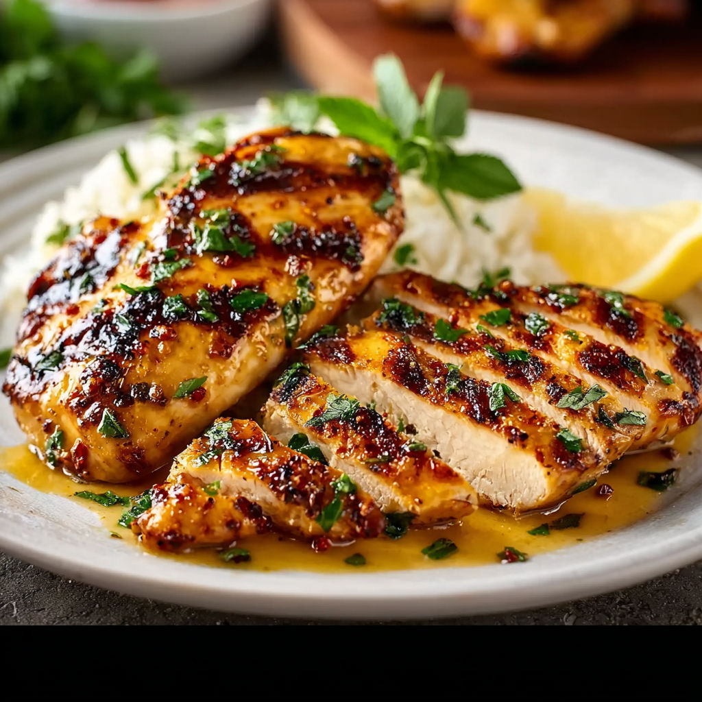 A plate of grilled honey mustard chicken.