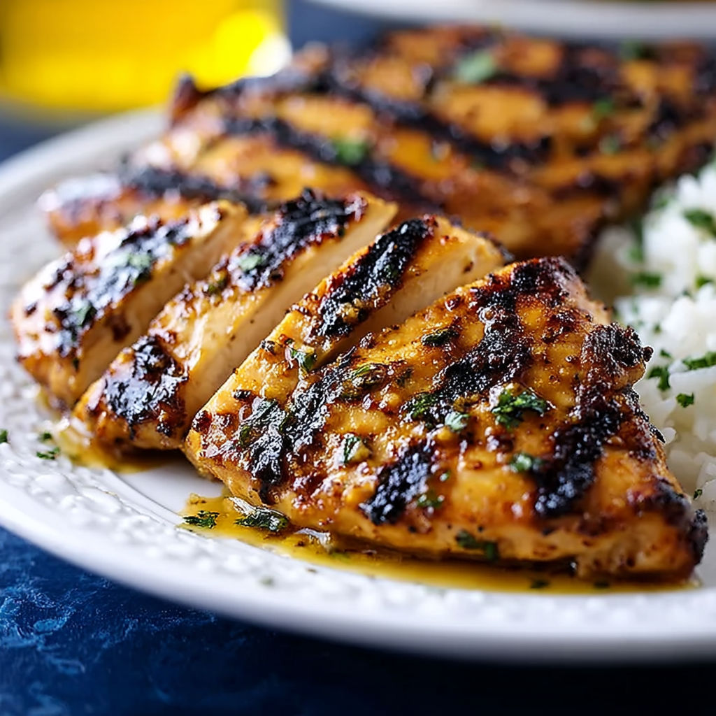 A plate of grilled honey mustard chicken.