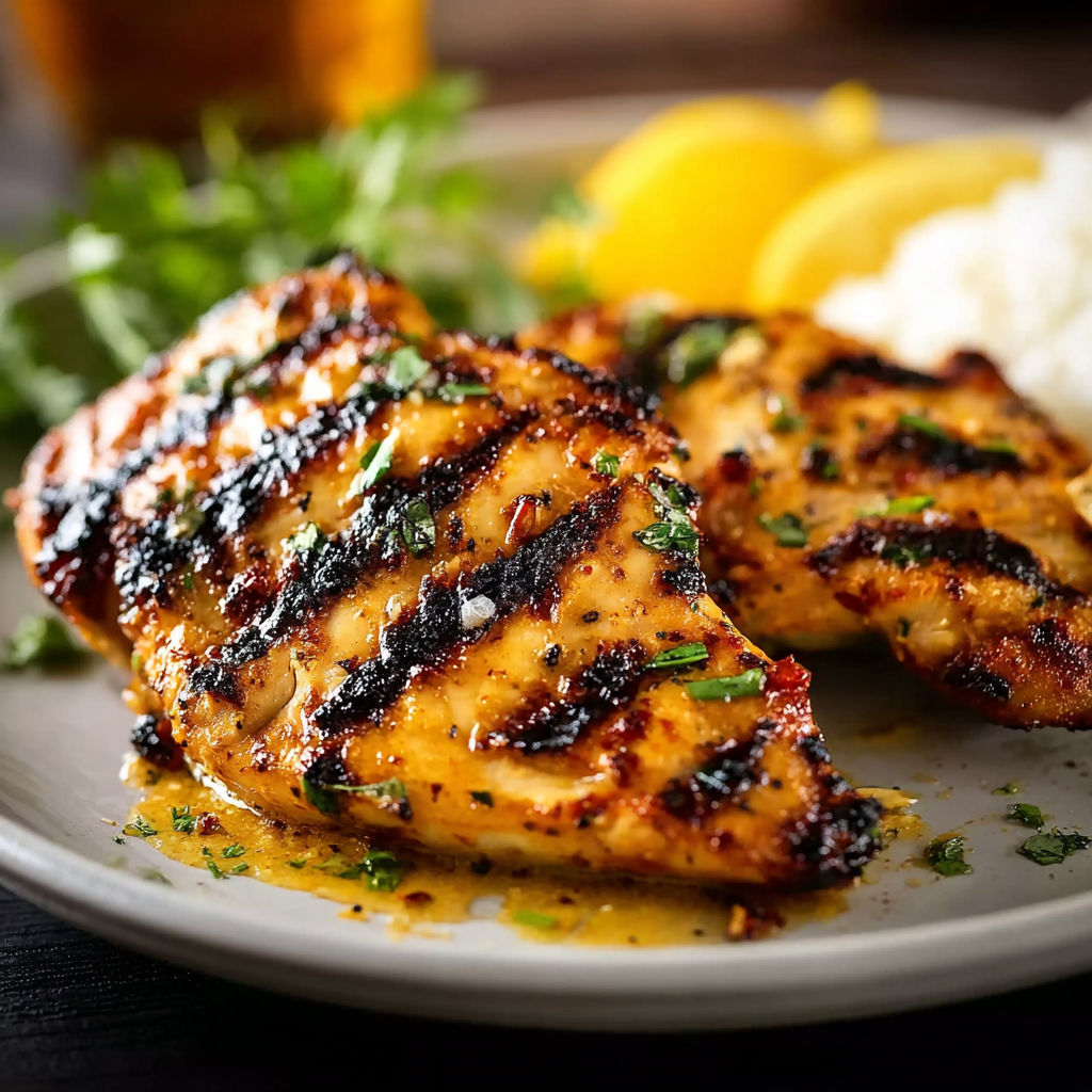 A plate of grilled honey mustard chicken.