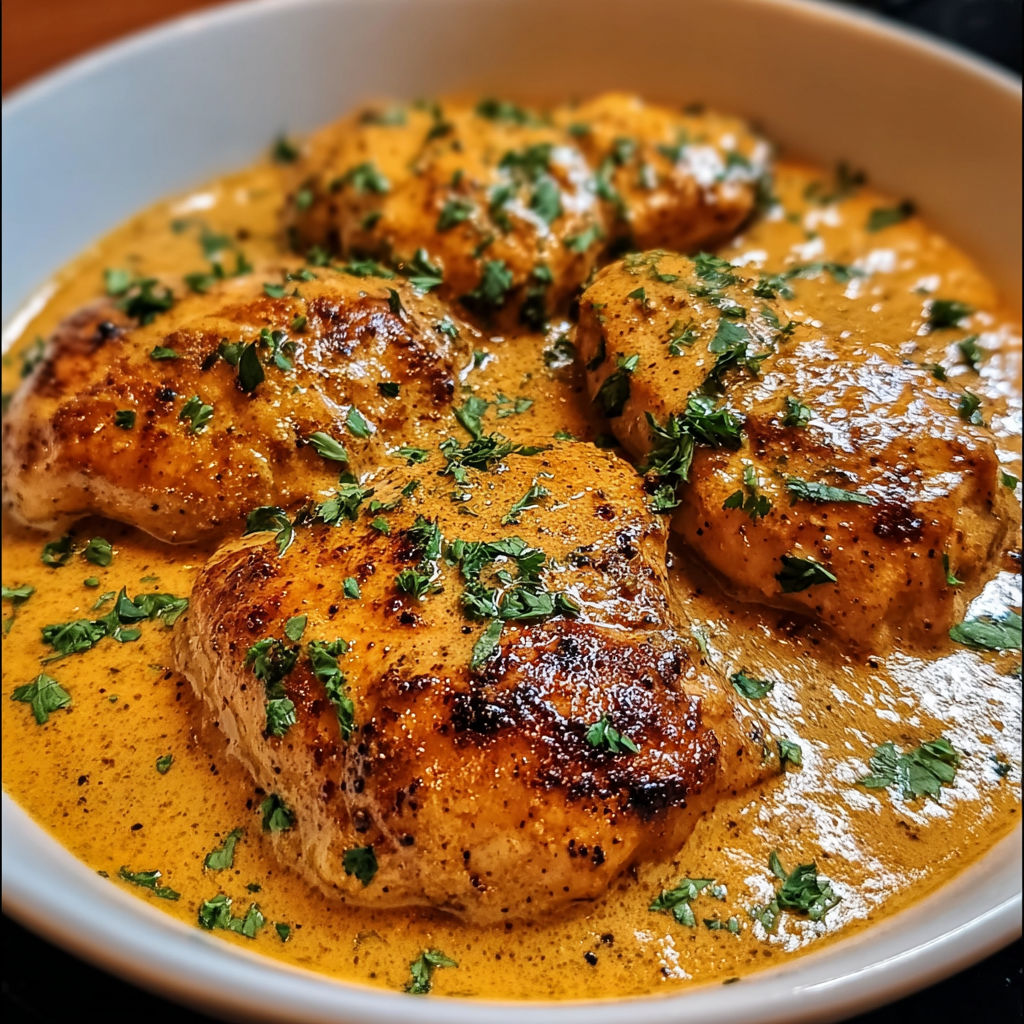 A bowl of chicken with a sauce.