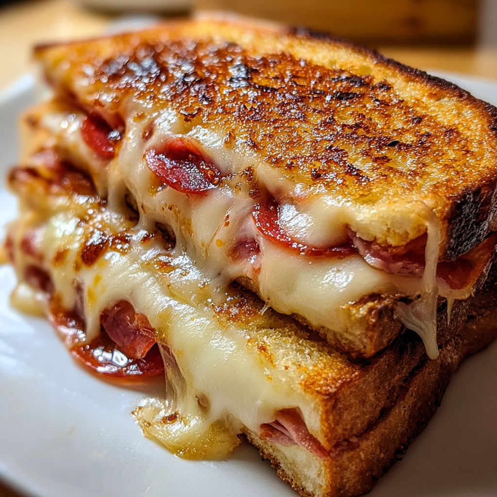 A grilled cheese sandwich with pepperoni on top.