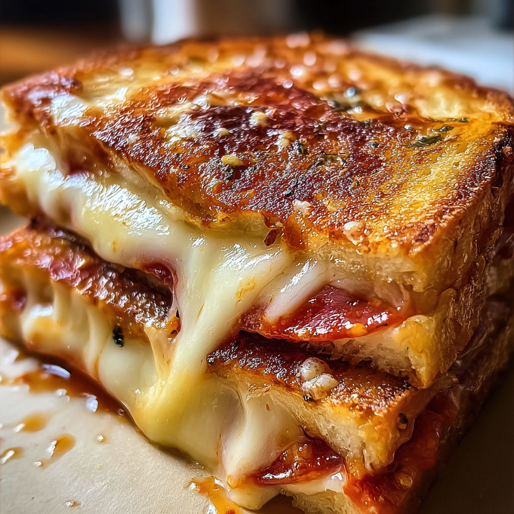 A grilled cheese sandwich with pepperoni.
