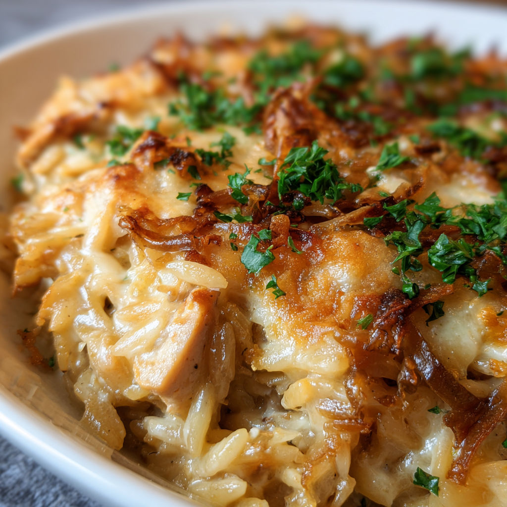 A bowl of French Onion Chicken Orzo Casserole.