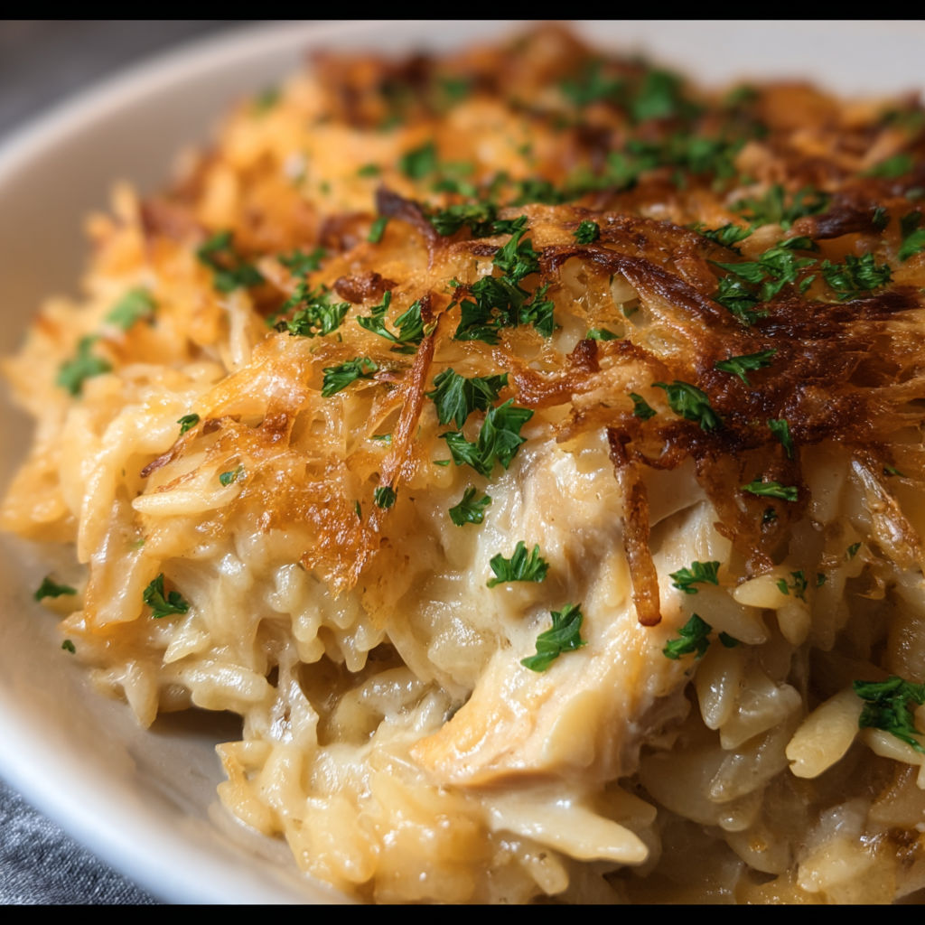 A plate of food with a French Onion Chicken Orzo Casserole.