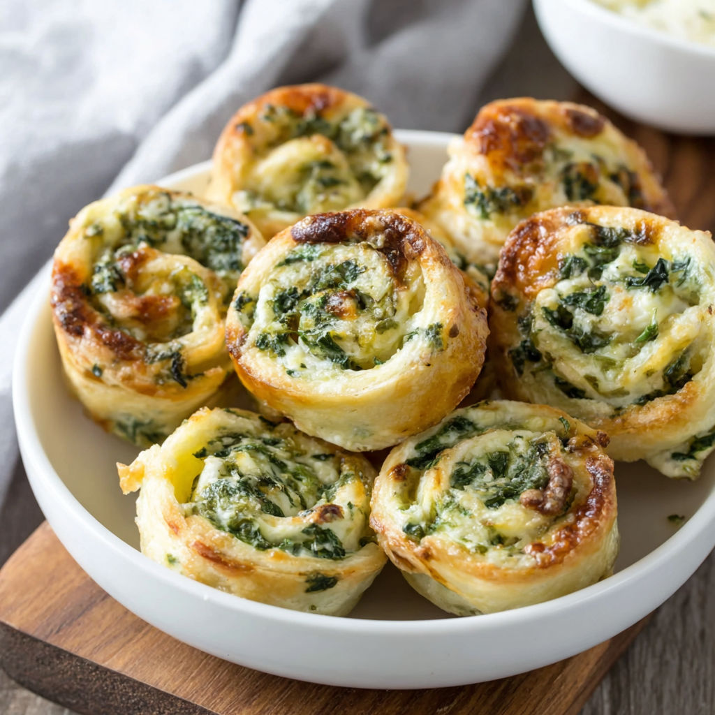 A bowl of spinach dip pinwheels.