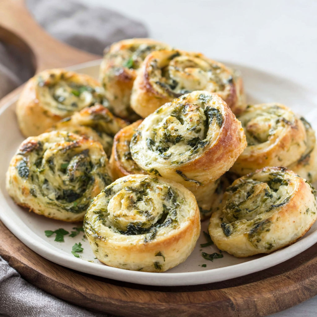 A plate of spinach dip pinwheels.
