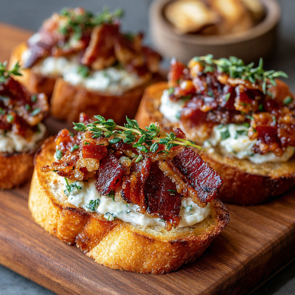 A plate of bacon crostini with a bowl of bacon bits.