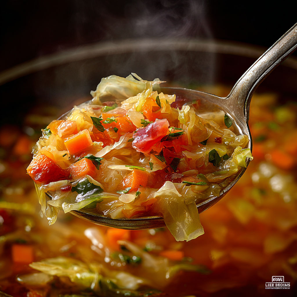 A spoon full of cabbage soup.