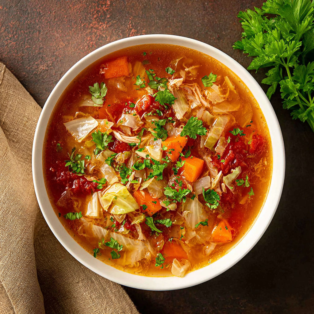 A bowl of soup with vegetables and herbs.