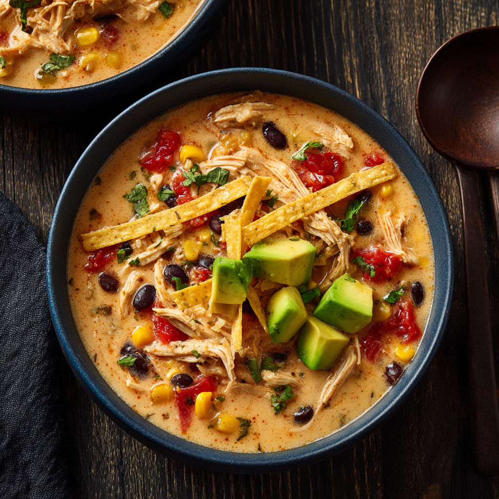 A bowl of chicken taco soup with a spoon.