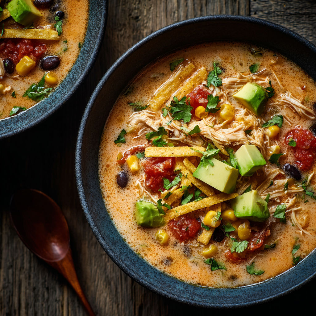A bowl of soup with chicken, corn, and avocado.
