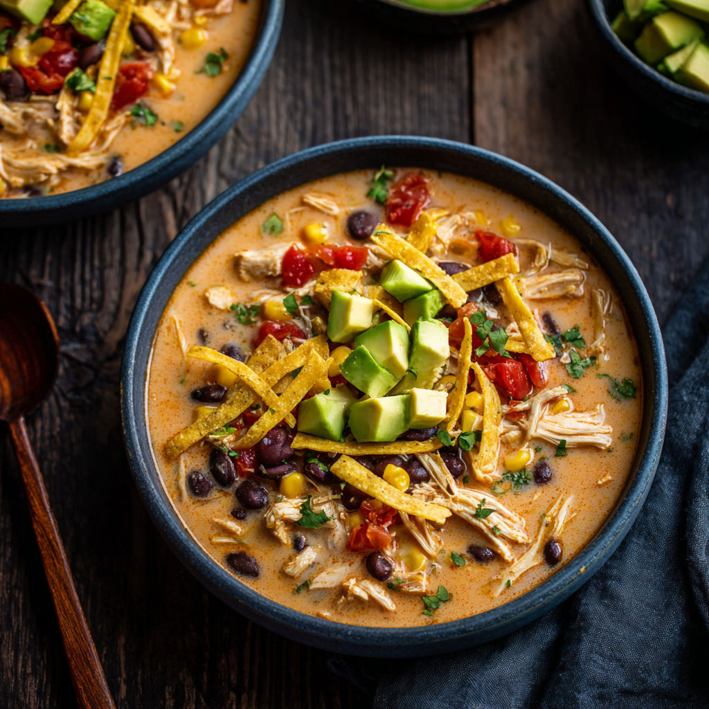 A bowl of soup with chicken, beans, and avocado.