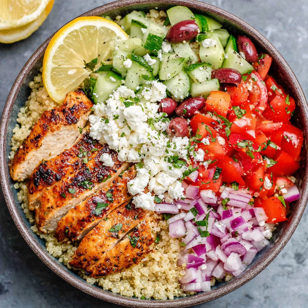 A bowl of Greek chicken with vegetables.