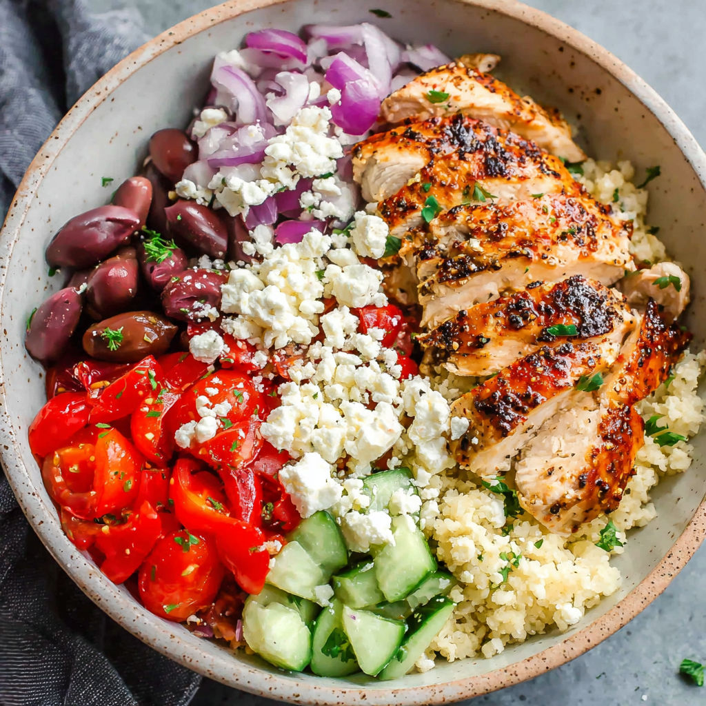 A bowl of food with chicken, tomatoes, onions, cucumbers, and feta cheese.